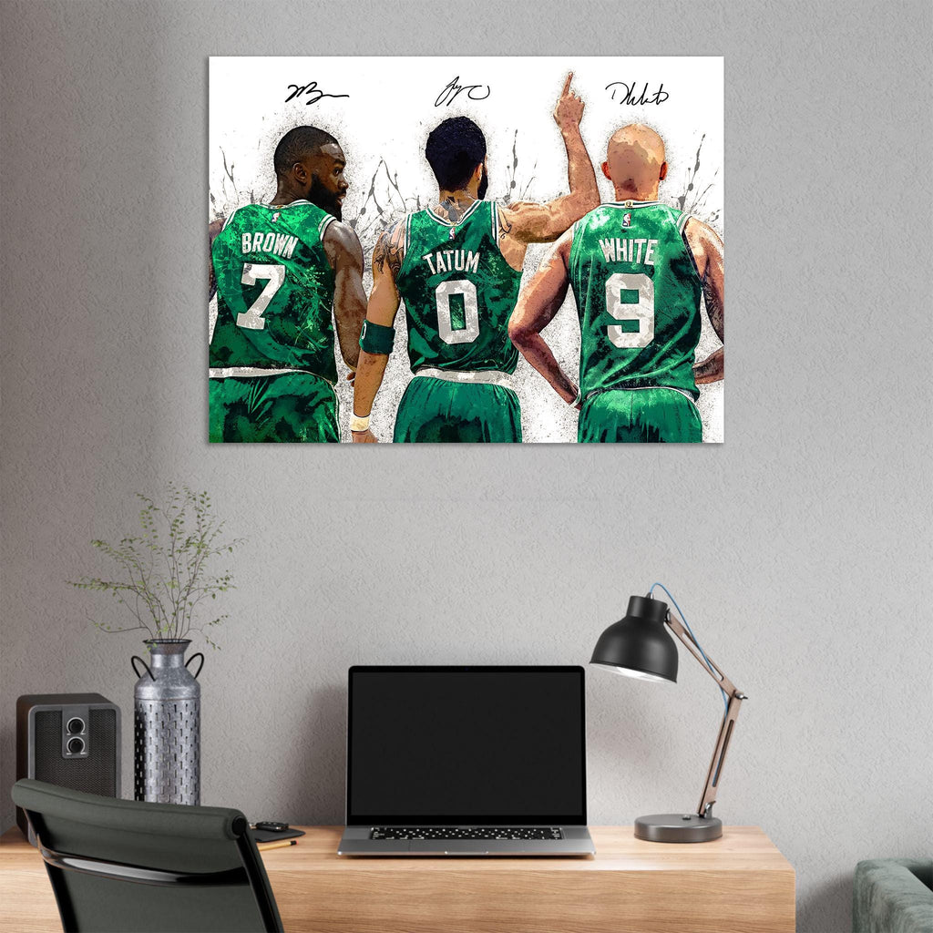 Jayson Tatum, Derrick White, Jaylen Brown, Boston Celtics, Canvas Wrap or Museum-Quality Poster, Fine Art, Man Cave, Office or Dorm Room