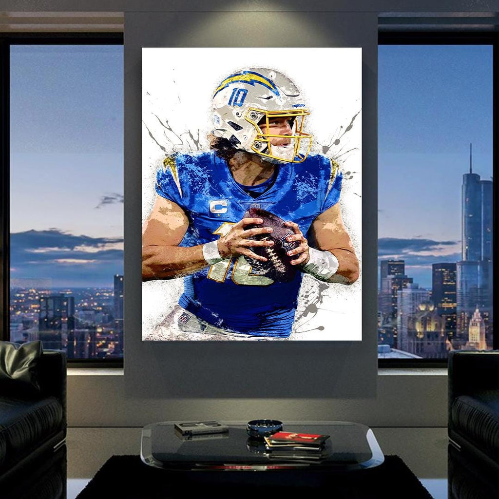 Justin Herbert Poster, Los Angeles Chargers, Gallery Canvas Wrap or Museum-Quality Poster, Fine Art, Man Cave, Kids room