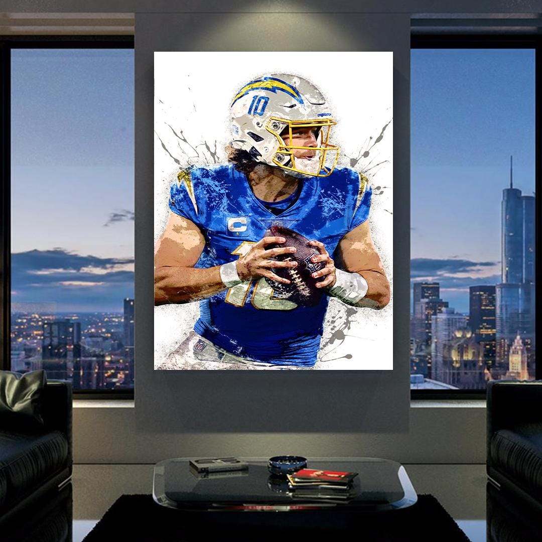 Justin Herbert Poster, Los Angeles Chargers, Gallery Canvas Wrap or Museum-Quality Poster, Fine Art, Man Cave, Kids room