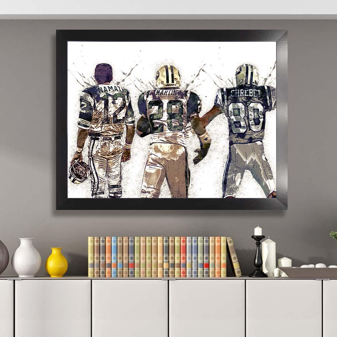 Curtis Martin, Joe Namath, Wayne Chrebet Poster, NY Jets, Gallery Canvas Wrap or Premium Poster, Fine Art, Man Cave, Kids room