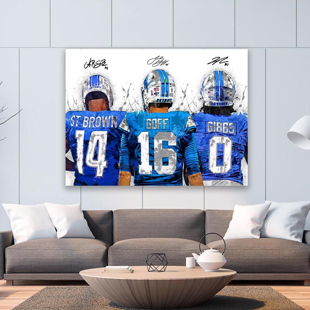 Jared Goff, Amon-Ra St. Brown, Jahmyr Gibbs Poster, Detroit Lions, Gallery Canvas Wrap