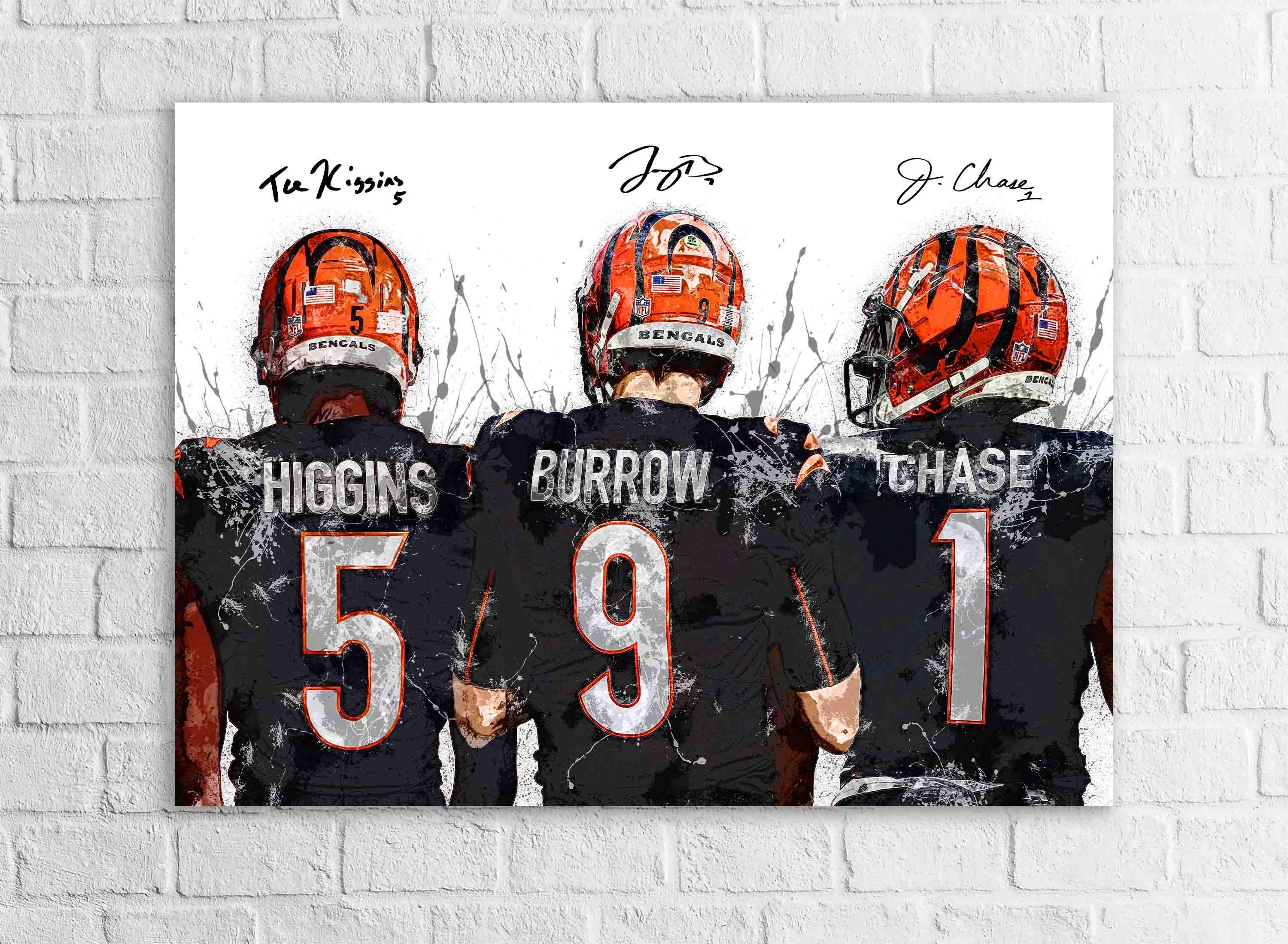 Joe Burrow, Ja'Marr Chase, Tee Higgins, Cincinnati Bengals, Canvas Wrap or Museum-Quality Poster, Fine Art, Man Cave, Kids room, Office