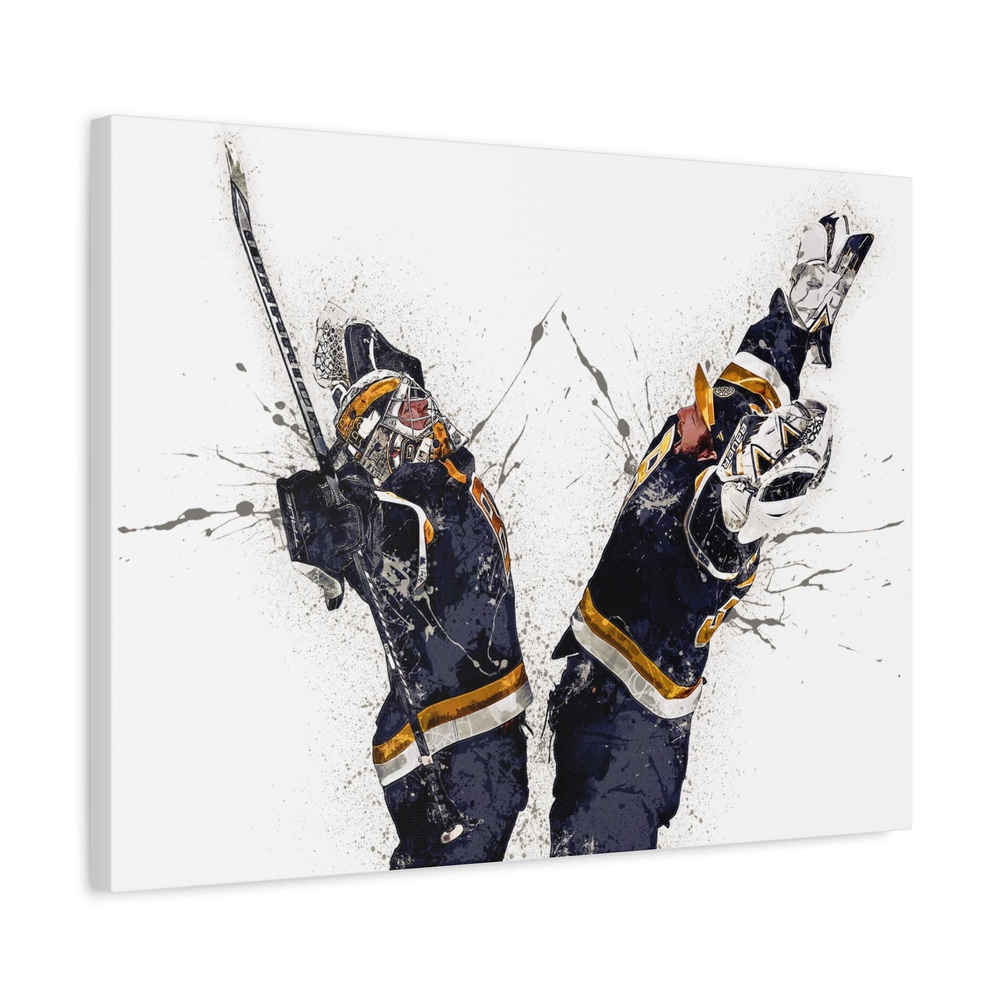 Jeremy Swayman, Linus Ullmark, Celebration, Boston Bruins, Gallery Canvas Wrap or Museum-Quality Poster, Man Cave, Kids room, Office