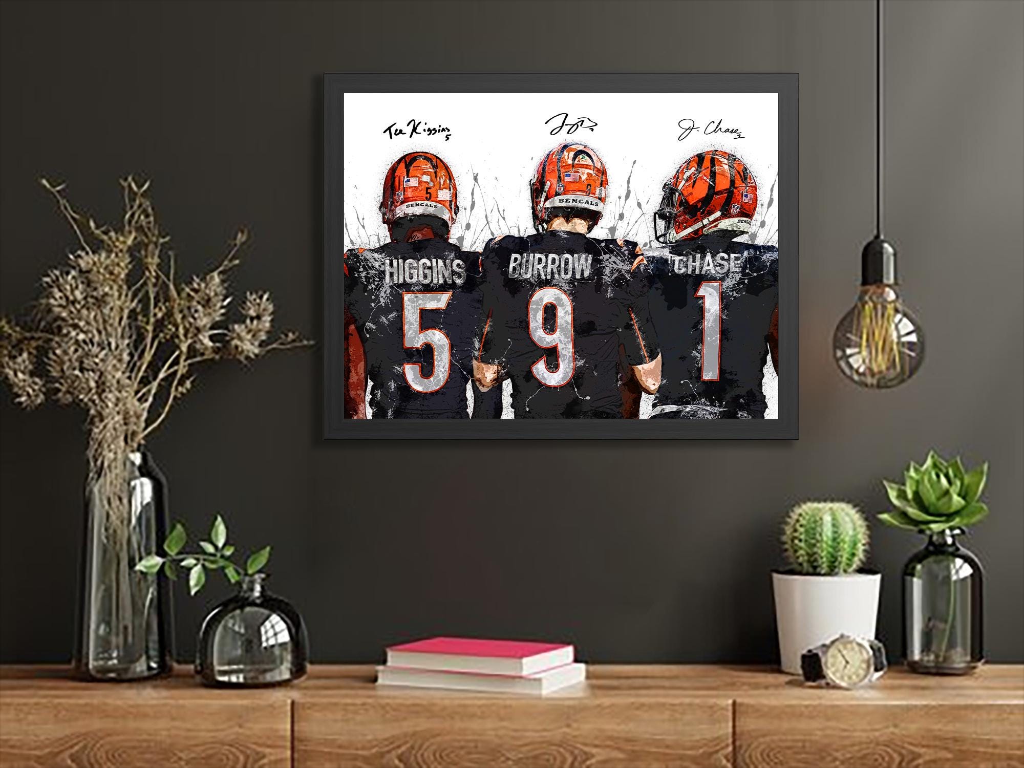 Joe Burrow, Ja'Marr Chase, Tee Higgins, Cincinnati Bengals, Canvas Wrap or Museum-Quality Poster, Fine Art, Man Cave, Kids room, Office