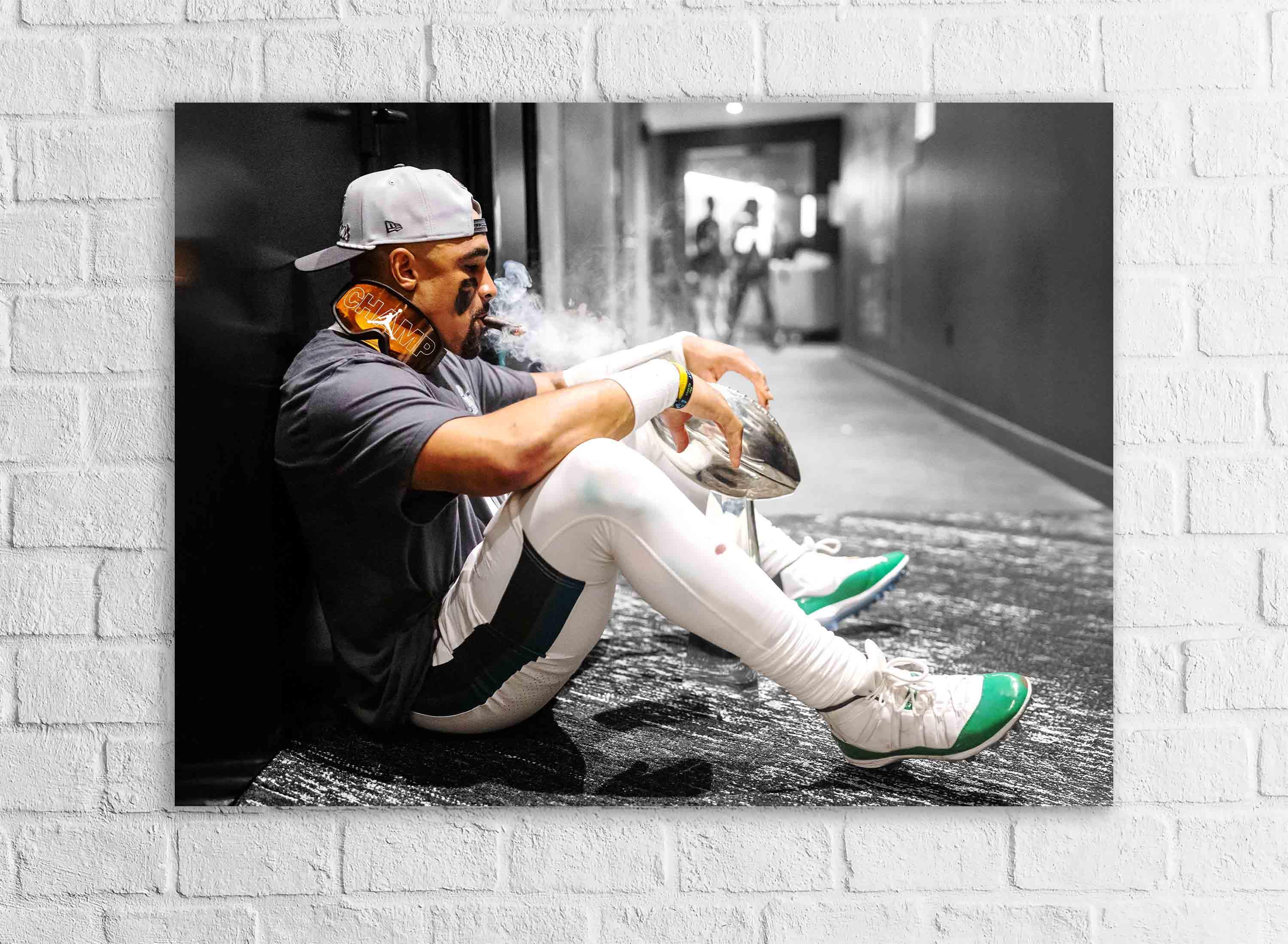 Jalen Hurts, Trophy, Philadelphia Eagles, Canvas Wrap or Museum-Quality Poster, Fine Art, Wall Decor for Man Cave, Kids room