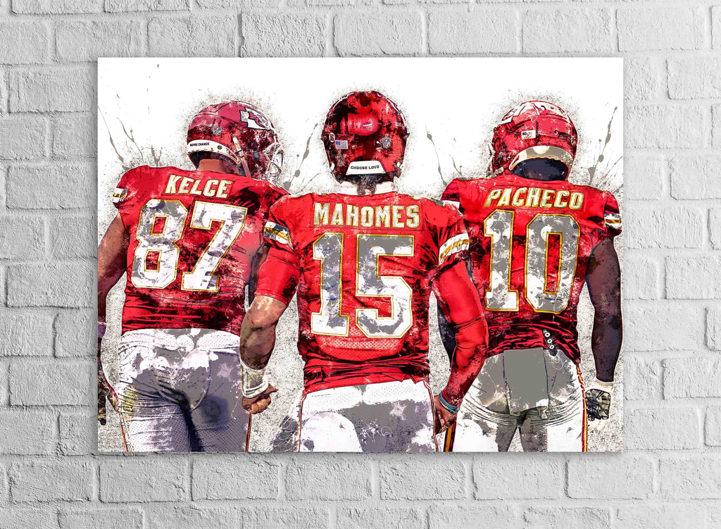 Patrick Mahomes, Travis Kelce, Isiah Pacheco, Kansas City Chiefs, Gallery Canvas Wrap or Premium Poster Print, Fine Art, Man Cave, Kids room